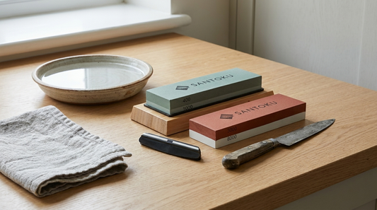 Whetstone sharpening stones and a water dish beside a tired kitchen knife on an oak worktop