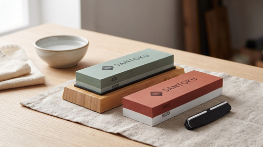 Whetstone sharpening stones on a linen cloth beside a bowl of water on an oak kitchen worktop