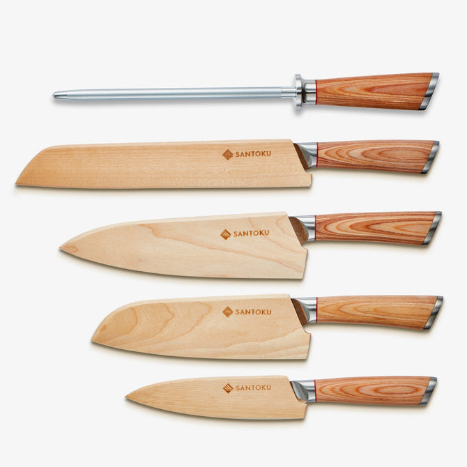 Haruta 5-Piece VG10 Japanese Damascus Steel Kitchen Knife Set with Wooden Handles & Scabbards