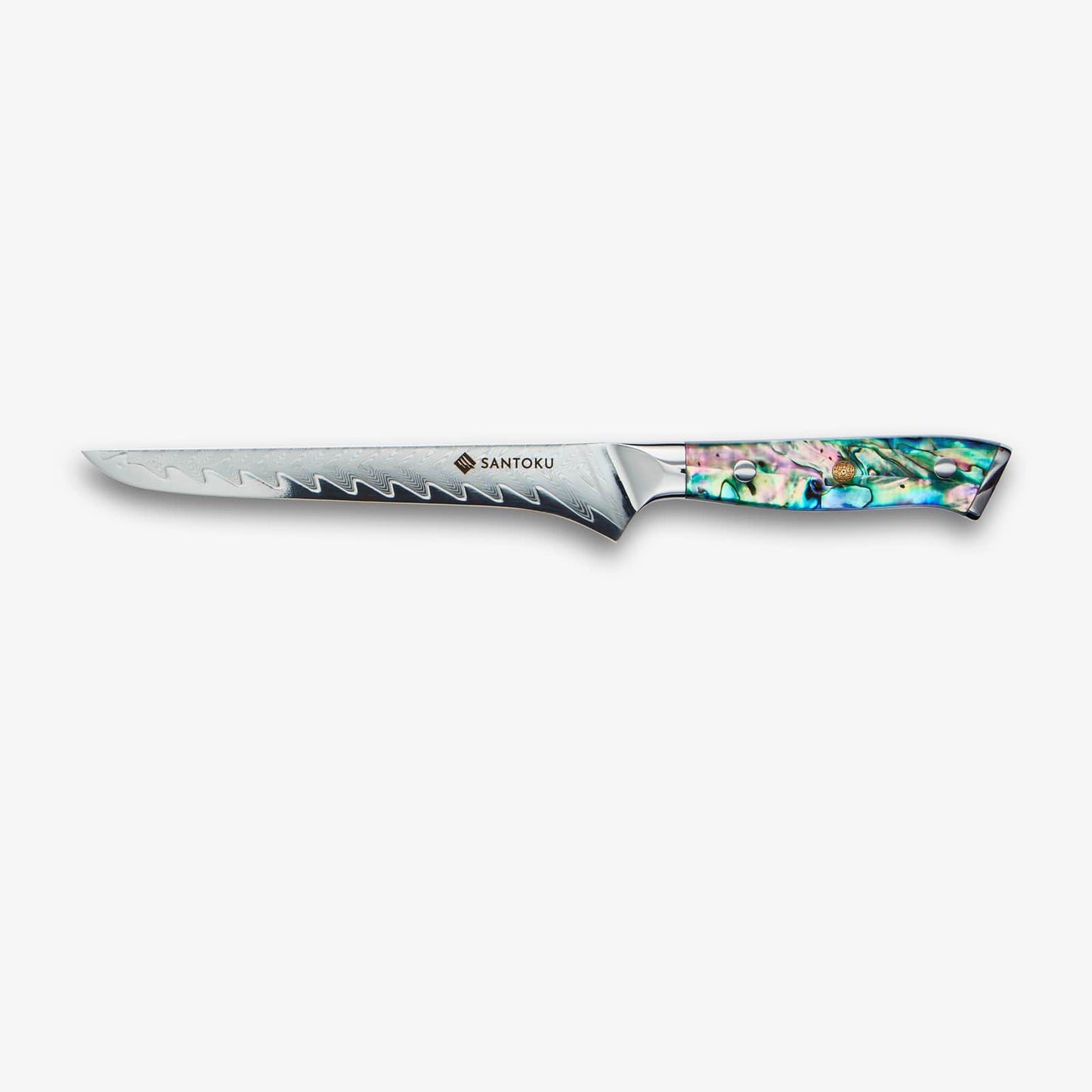Chikashi (ちかし) Couteau en acier Damas avec poignée d'ormeaux