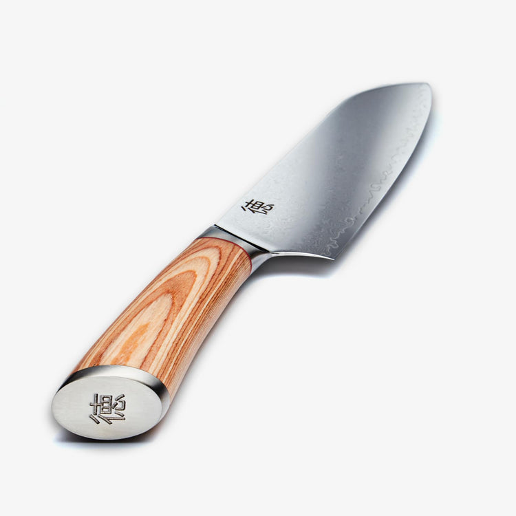 Haruta Couteau Santoku japonais en acier de Damas VG10 de 7 pouces avec manche en bois et fourreau