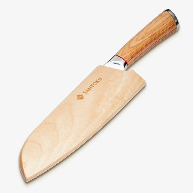 Haruta Couteau Santoku japonais en acier de Damas VG10 de 7 pouces avec manche en bois et fourreau