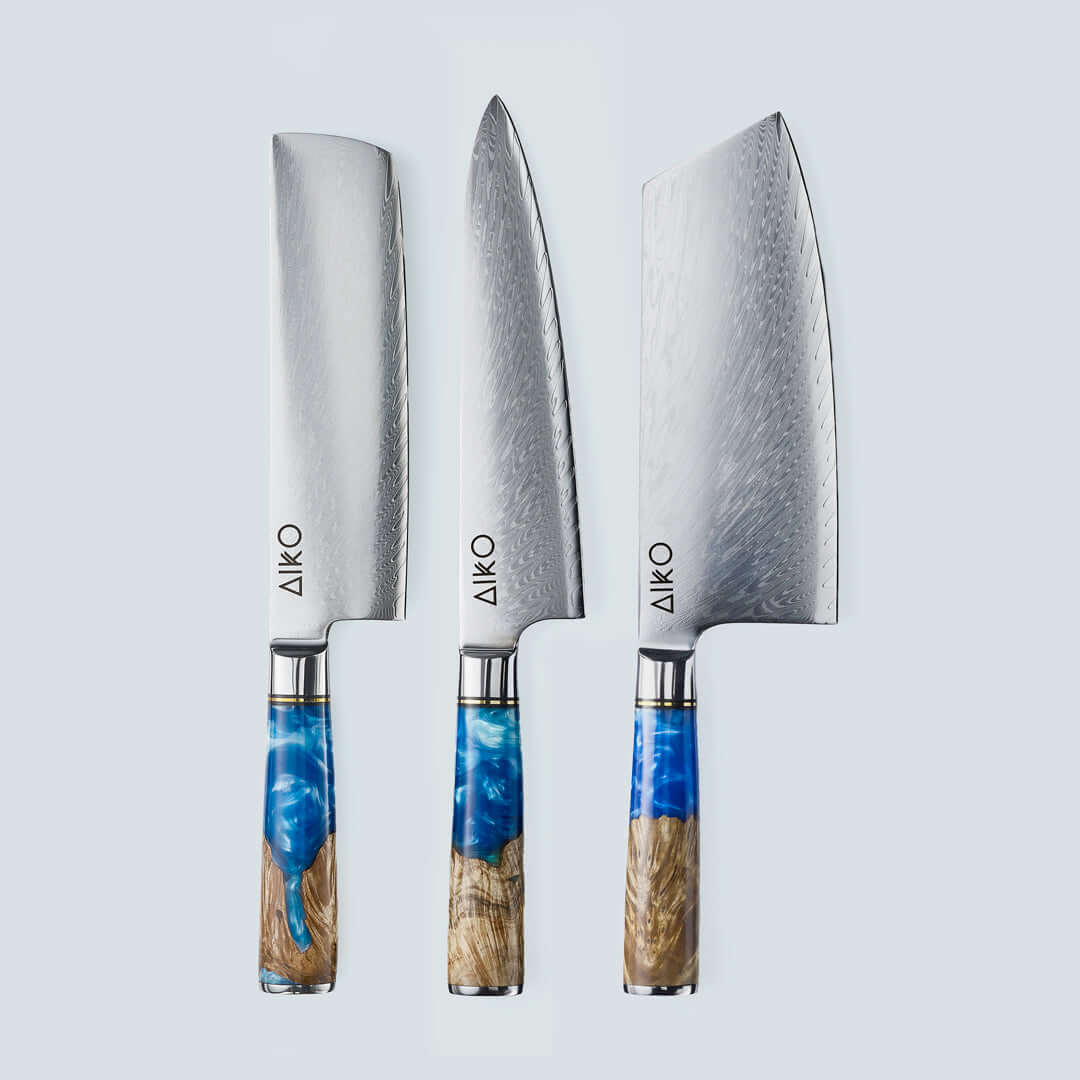 Aiko Bleu (あいこ, アイコ) Damas Steel Couteau avec manche en résine bleu colorée