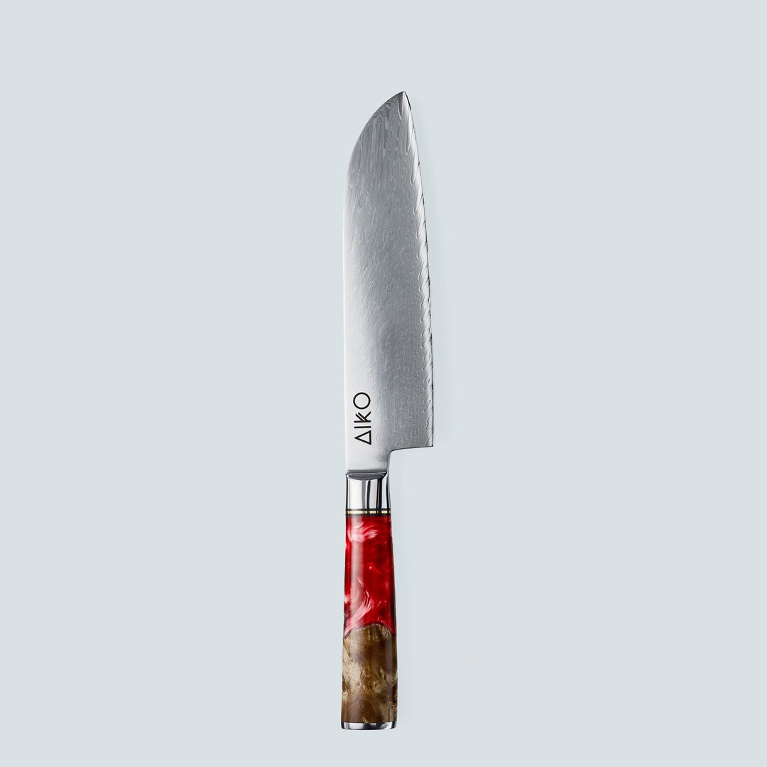 Aiko Red (あいこ, アイコ) Damas Steel Couteau avec poignée de résine rouge colorée