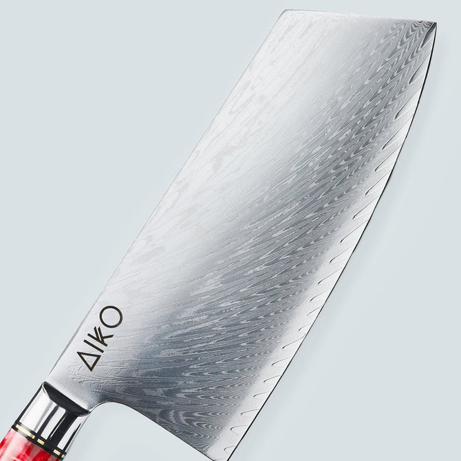 Couteau en acier Damas rouge Aiko avec manche en résine rouge colorée