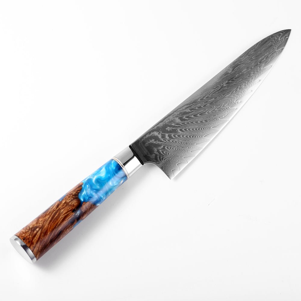 Gyuto (牛刀) Couteau en acier Damas avec poignée de résine bleu colorée