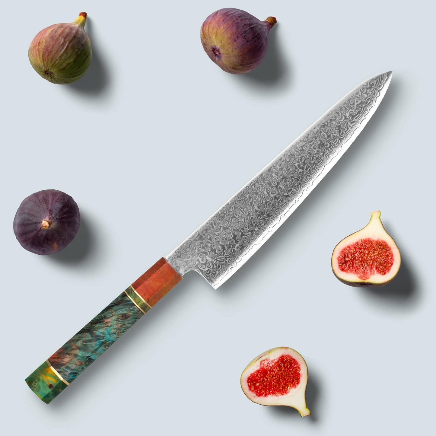 Ichika (いち いち) Couteau en acier Damas avec poignée octogonale colorée