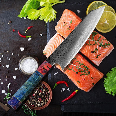 Kiritsuke (きり つけ) Couteau en acier Damas avec poignée d'ébène colorée